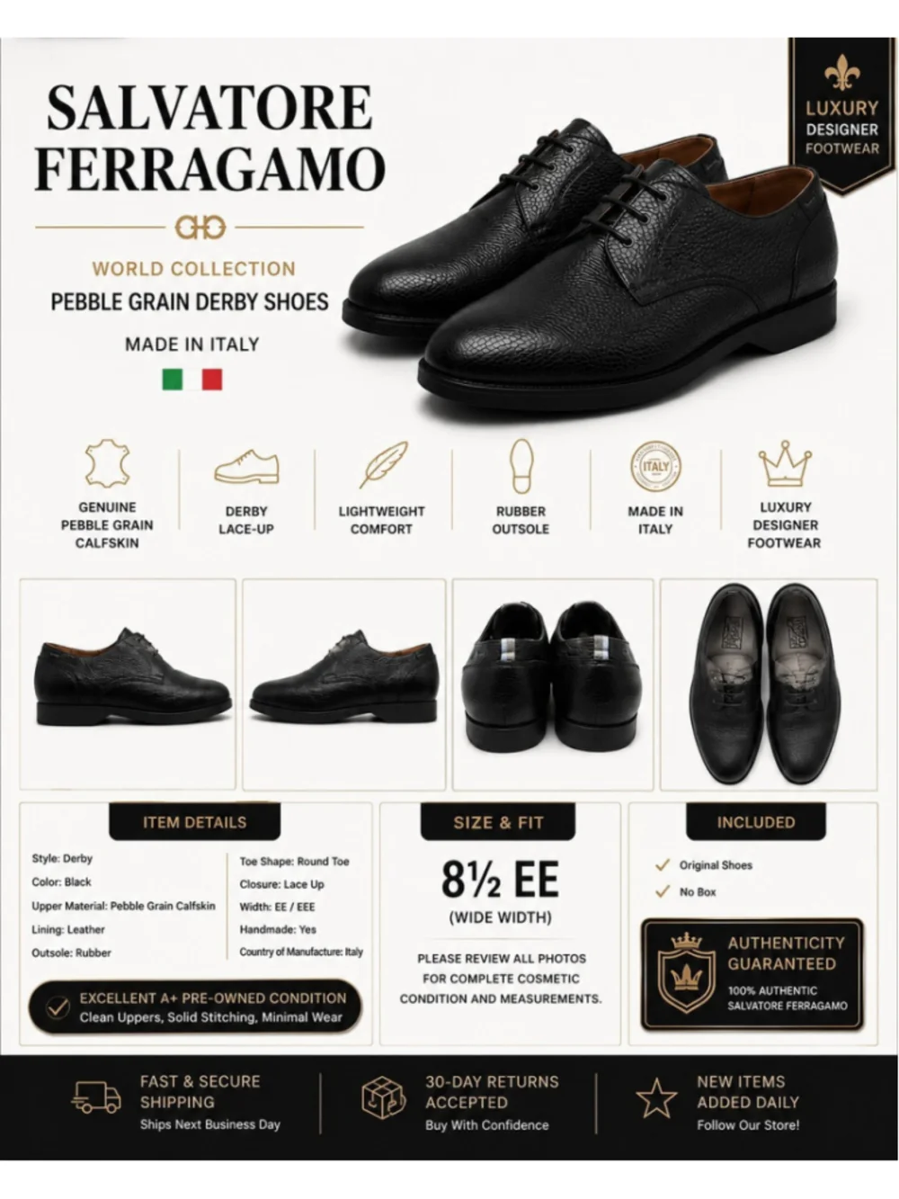 Salvatore Ferragamo World Derby Shoes Mens 8.5 EE Black Pebble Grain Leather...